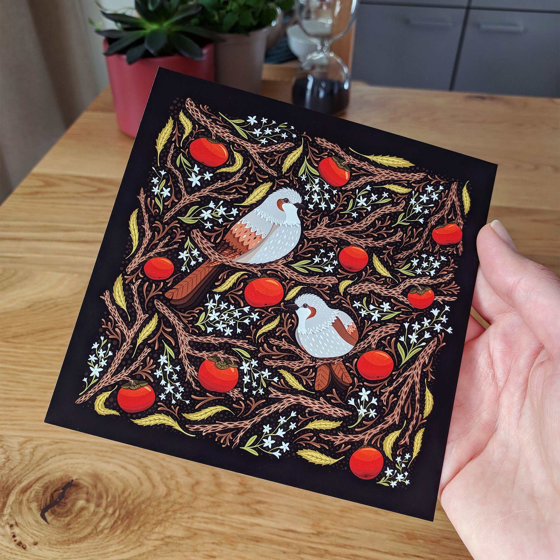 Brown Eared Bulbul & Persimmons - Bird Art Print product image (4)