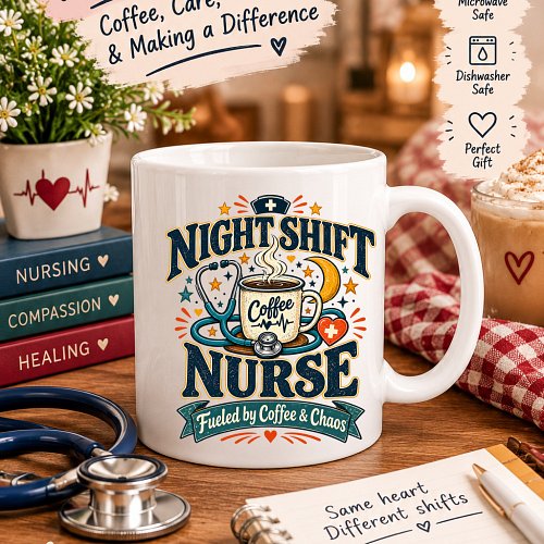 Fuel your 12-hour shift with this aesthetic night shift nurse coffee mug! ☕️✨ Featuring a retro vintage graphic that reads 