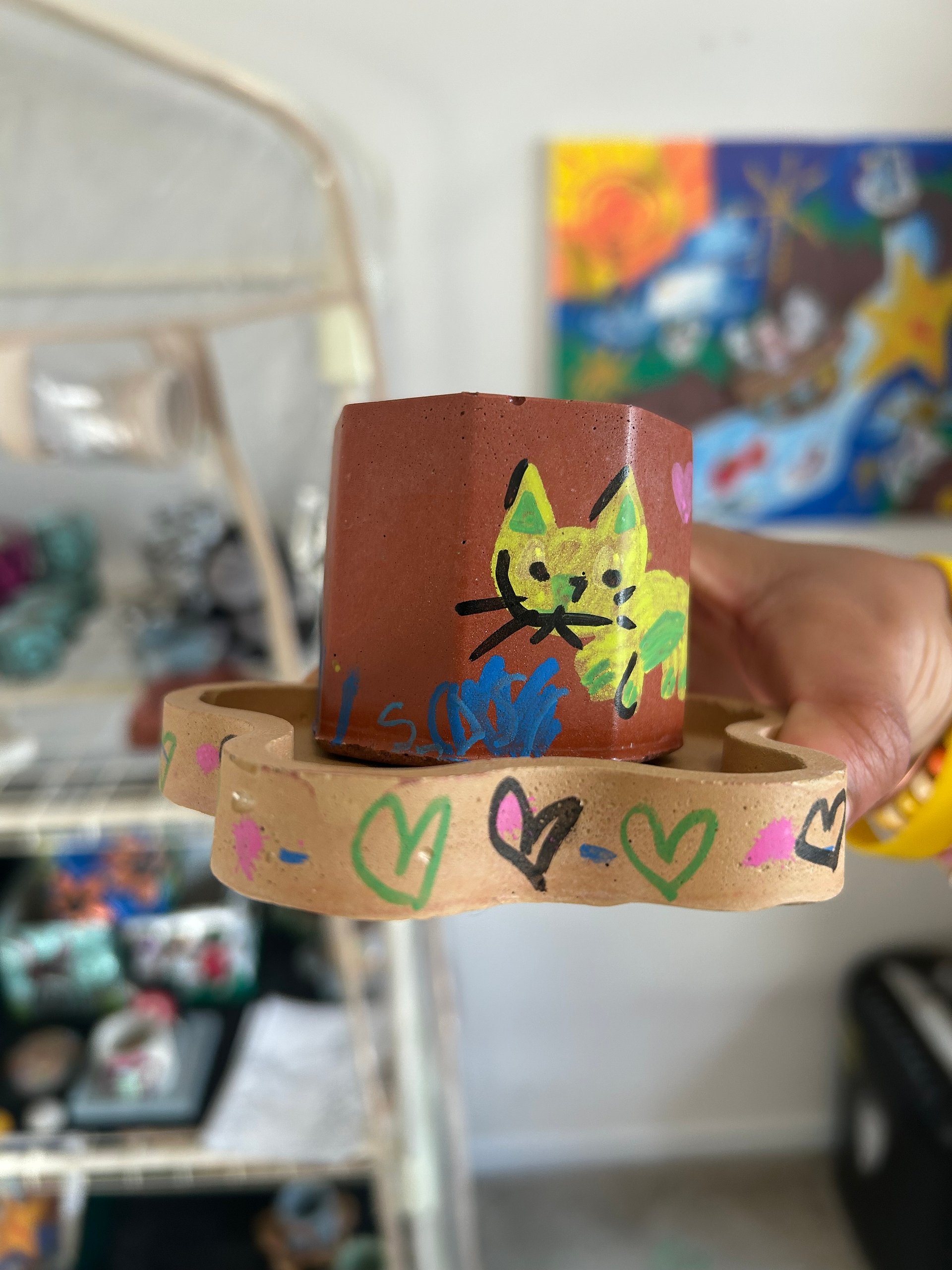 Neon kitty 1-1 original painted cement plant pot and tray product image (2)