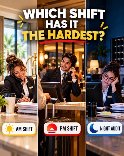 We're settling this once and for all. Which hotel shift has it the hardest? ☀️ AM Shift 🌆 PM Shift 🌙 Night Audit. Pick ONE an...