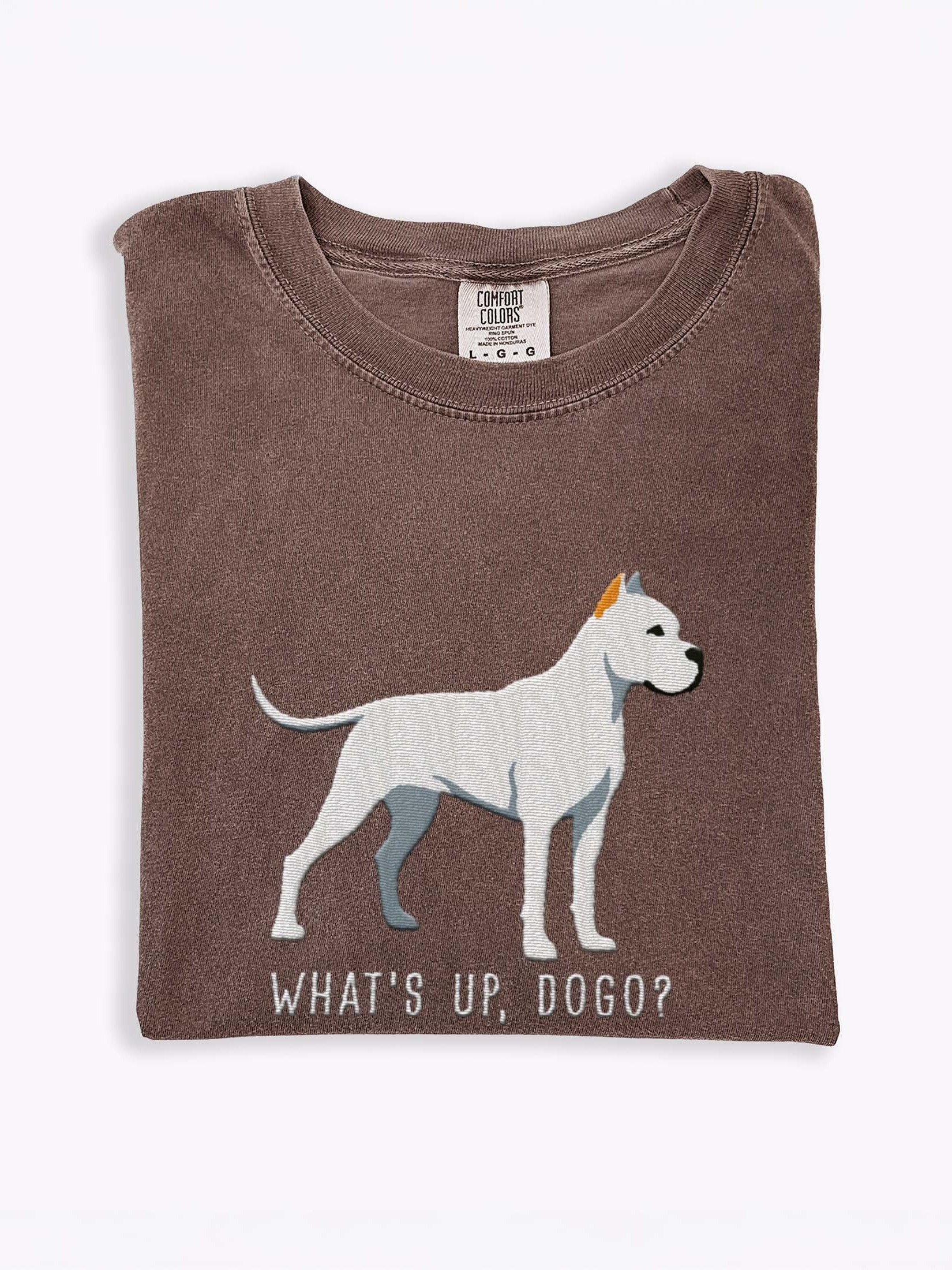 What's Up, Dogo? T-Shirt(Embroidered) of a Dogo Argentino(White, Cropped Ears) product image (1)