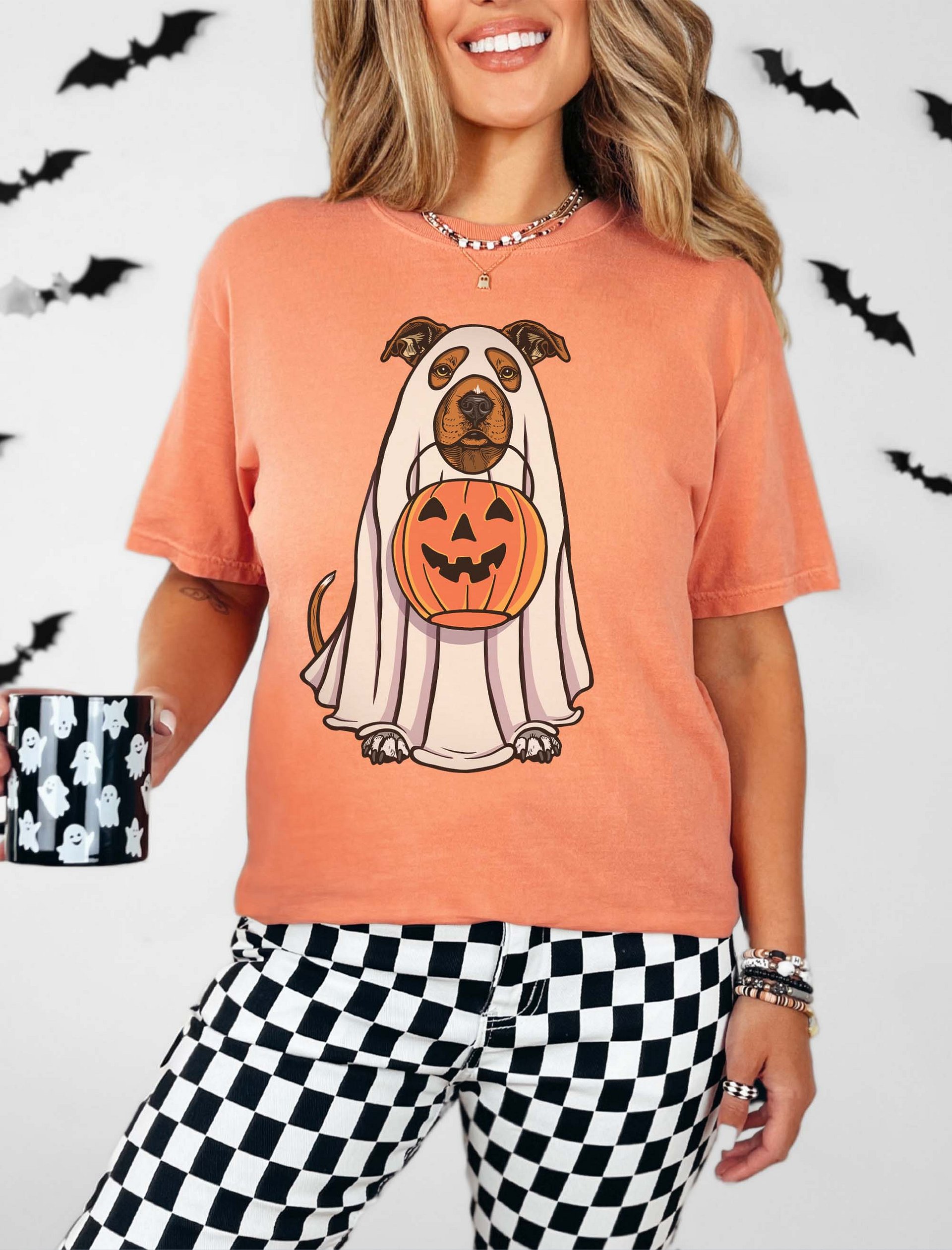 Funny Halloween Pitbull Terrier(Red) T-Shirt | Funny Pittie Wearing a Ghost Costume and Holding a Pumpkin Basket product image (2)