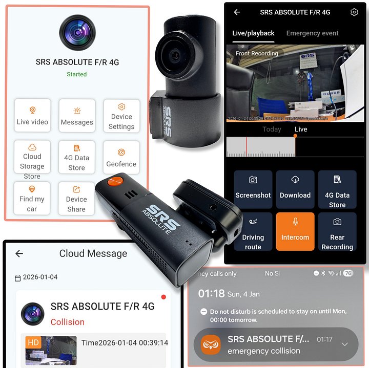 SRS ABSOLUTE 2.6K Dual 4G Dash Cam Timelapse Loop Record GSensor GPS Tracking Remote Live Video Voice Calling GeoTagging SOS Parking Monitor GeoFencing SIM MicroSD Supp Upto 1TB (S24Gen3 Front/Rear) product image (2)