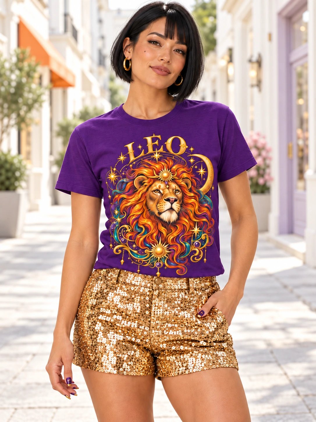 Leo Zodiac T-Shirt With Fiery Celestial Lion Artwork product image (2)