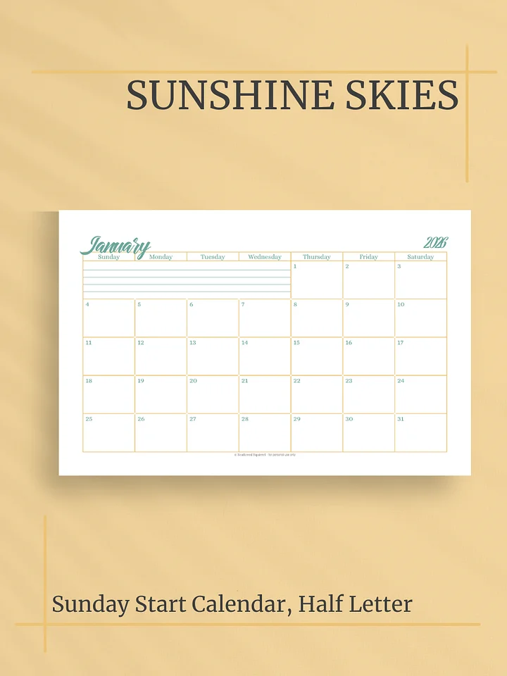 Sunshine Skies 2026 Calendar - Single Page per Month, Sunday Start, Half Letter Size product image (1)