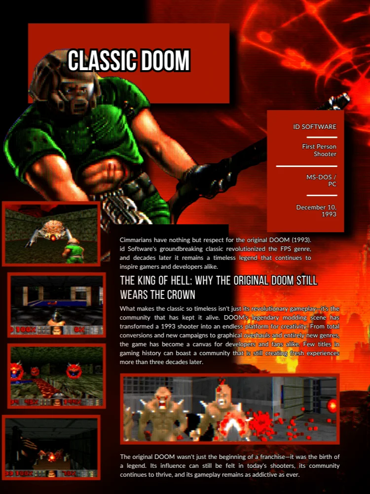 A sample page from CIMMagazine Volume 1 featuring Classic DOOM, gameplay images and a gaming article.