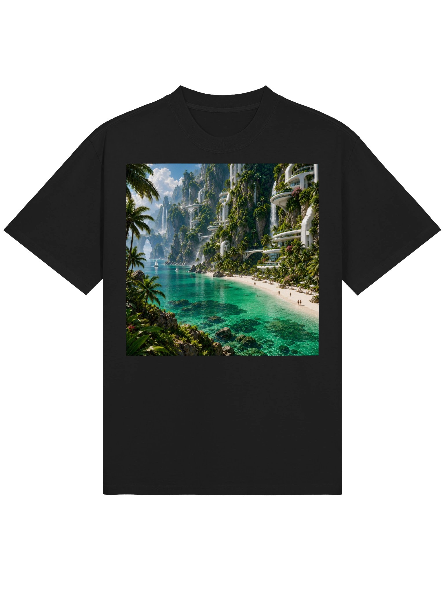 Emerald Tropical Paradise T-Shirt | Futuristic Beach & Ocean Art | Unisex Oversized Tee product image (2)