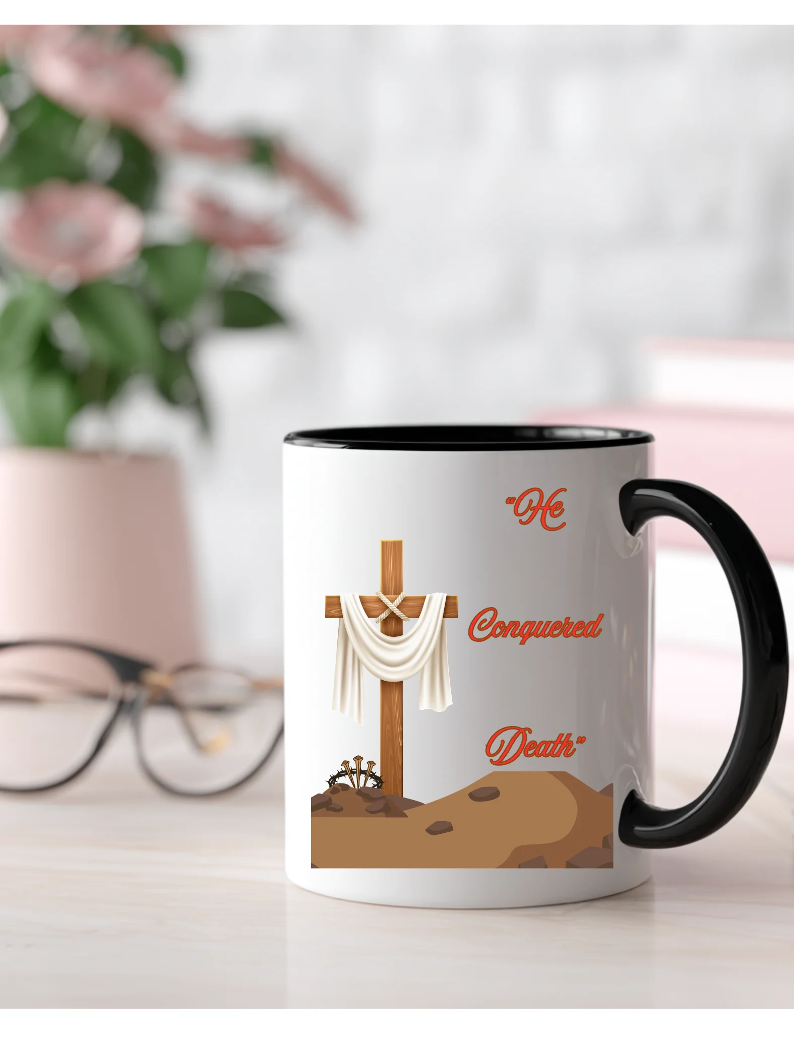 He Conquered Death Christian Coffee Mug | Empty Cross Easter Mug | Resurrection Faith Gift | Kingdom Life Co. product image (1)