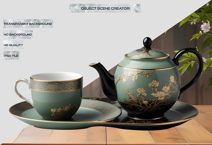 Mint Green and Black Chinese Tea Set with Gold Floral Accents PNG product image (2)