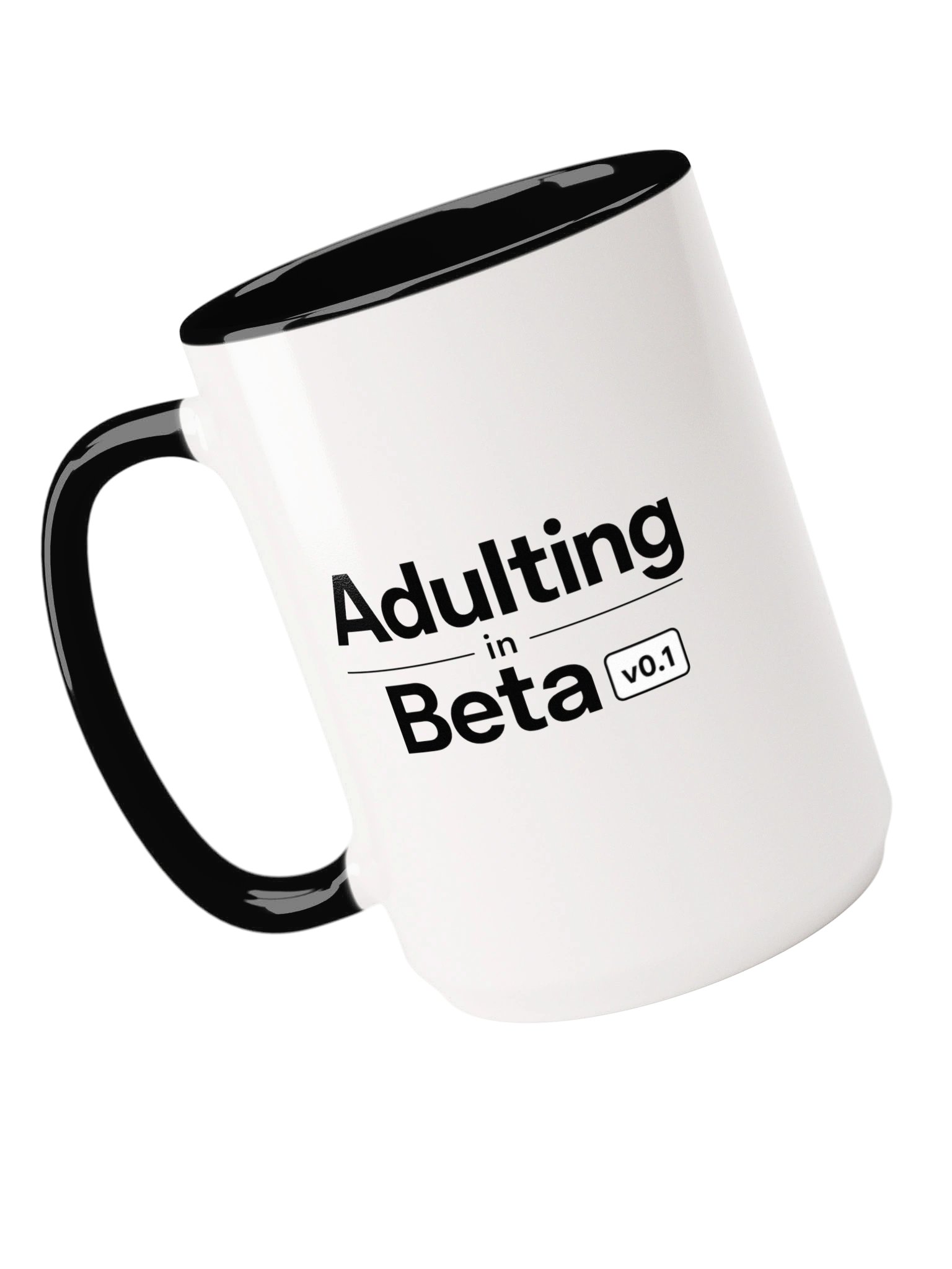 “Adulting in Beta v0.1” — 15 oz Ceramic Mug with Color Inside product image (1)