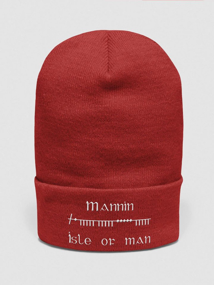 Isle of Man/Mannin Scholastic style Ogham, Red with White, embroidered Cuffed Beanie product image (1)