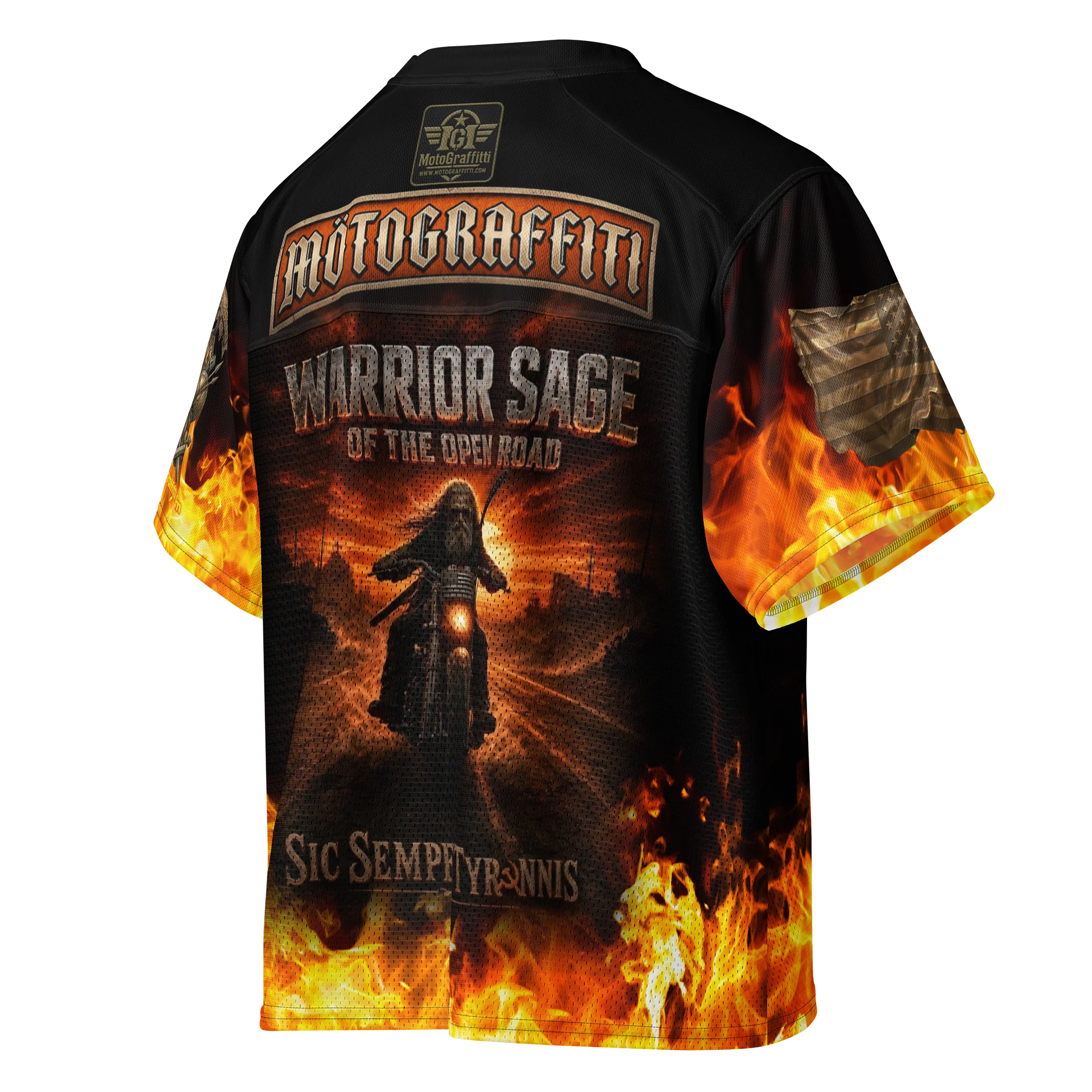 MötoGraffitti Warrior Sage Sic Semper Tyrranis Football Jersey product image (4)