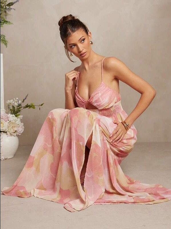 Women's Floral Print Waist Tie Knot Ruffle Hem Cami Dress, Vacation Style product image (1)