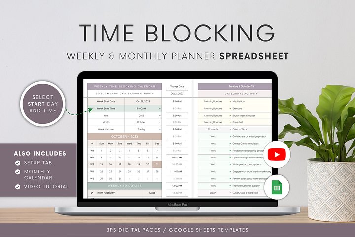 Time Blocking Planner Spreadsheet | Google Sheets Template | 24 Hour Weekly Schedule | Time Blocking Digital Planner | Monthly Task Calendar product image (1)