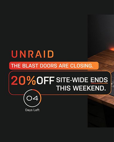4 DAYS LEFT! The blast doors are slowly closing on the Unraid Merch Spring Sale. 🚨

You have just 4 days remaining to secure ...