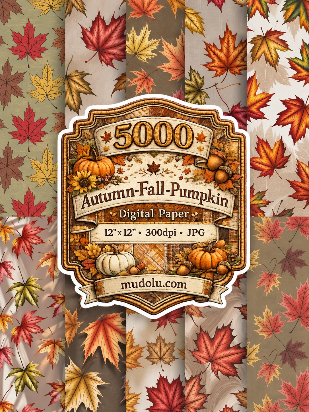 5000 Autumn Digital Paper Bundle, Fall Pumpkin Leaves Acorn Sunflower product image (4)