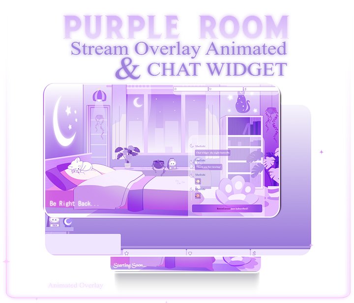Glowing Room Stream Overlay Animated Pack, Stream Overlay Animated Cute Purple Room Overlay , Cute Room Kitty Overlay, Starting Soon, Brb product image (1)
