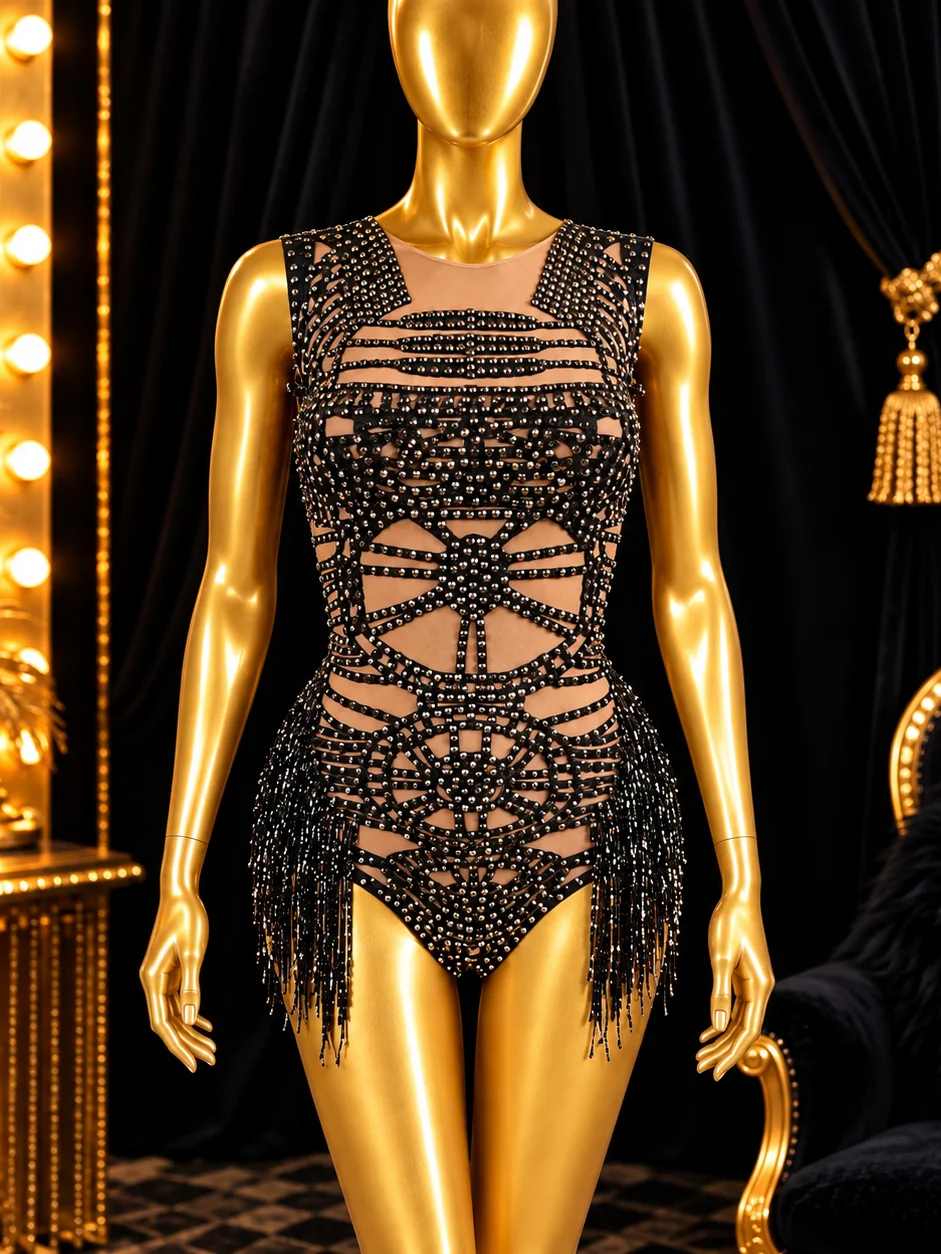 Crystal Cage Fringe Showgirl Bodysuit product image (2)
