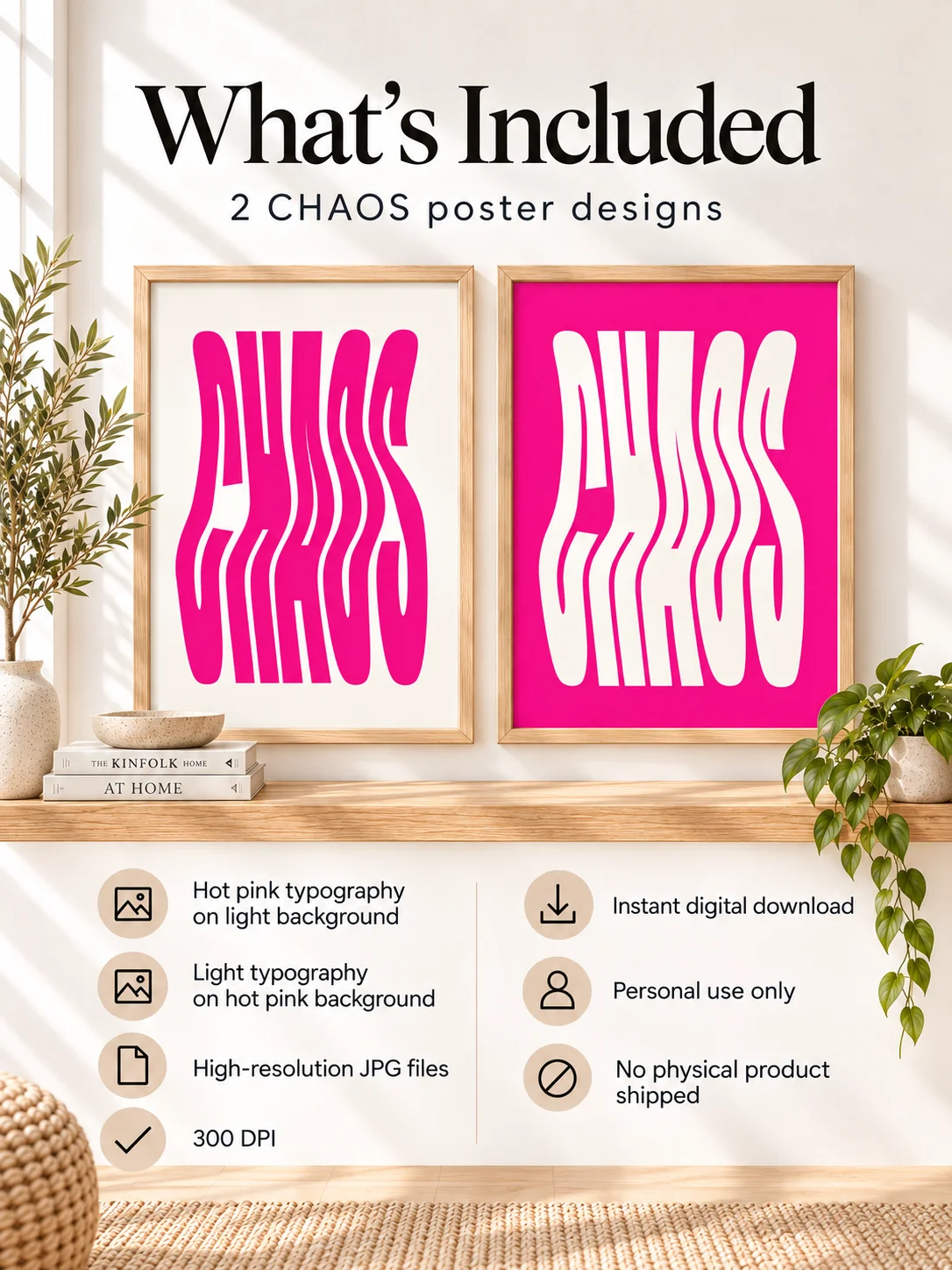 CHAOS Typography Poster, Hot Pink Wavy Retro Printable Wall Art, Dopamine Y2K Decor, Funky Dorm Bedroom Digital Download product image (2)
