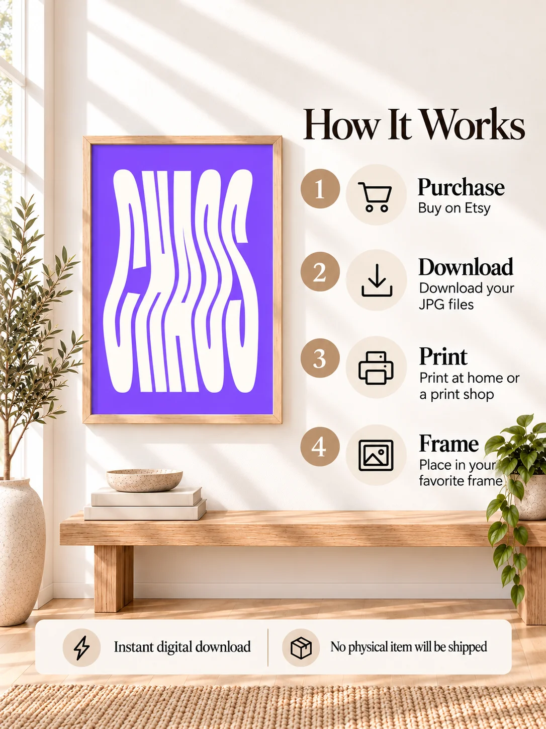 CHAOS Wavy Typography Poster Set Purple Cream Retro Printable Wall Art Y2K Psychedelic Minimalist Digital Download Dorm Decor product image (4)
