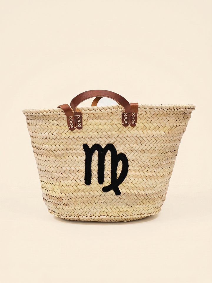 Handmade Straw Tote Bag – Virgo Zodiac Monogram Market Basket product image (1)