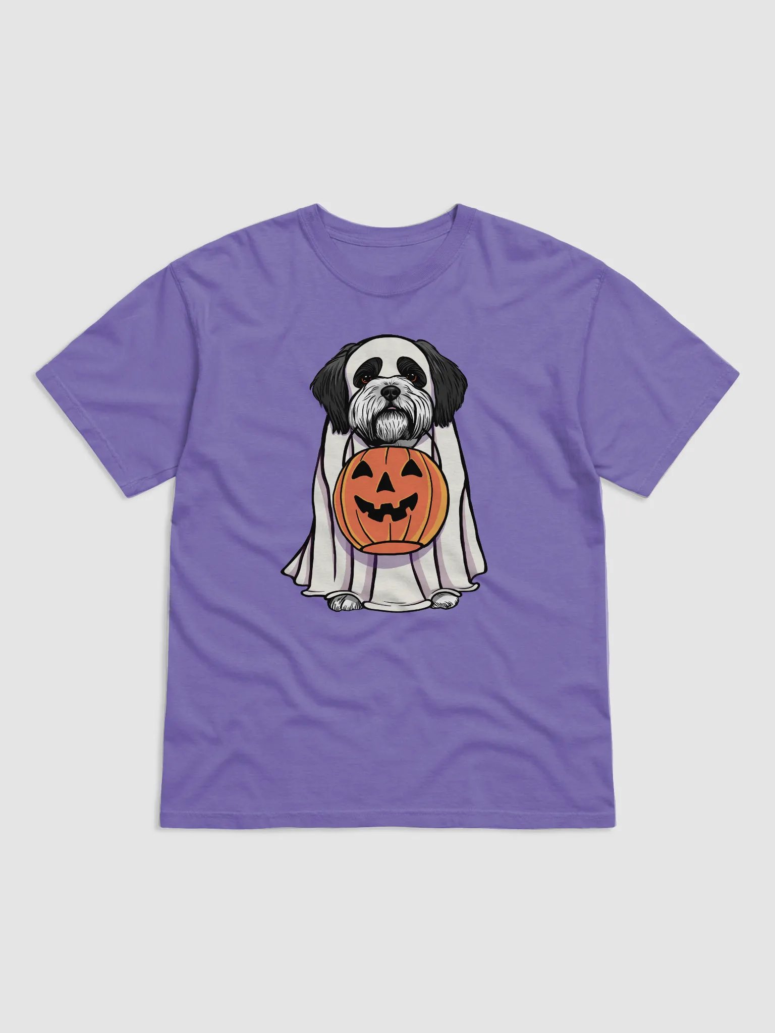 Funny Halloween Shih Tzu(Black & White) T-Shirt | Funny Dog Wearing a Ghost Costume and Holding a Pumpkin Basket product image (1)