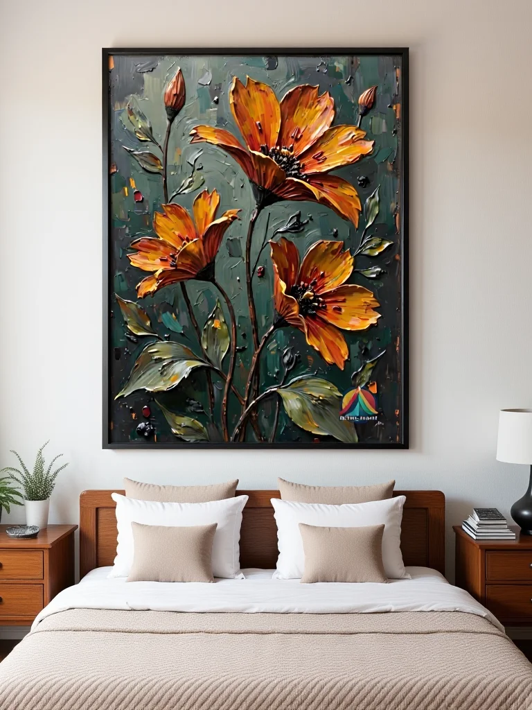 Golden Ember – Moody Retro Floral Wall Art with Textured Burnt Orange Petals on Deep Teal product image (4)