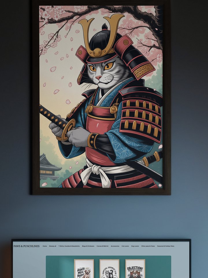Samurai Cat with Katana Framed Art Print | Japanese Bushido Warrior Wall Decor product image (1)