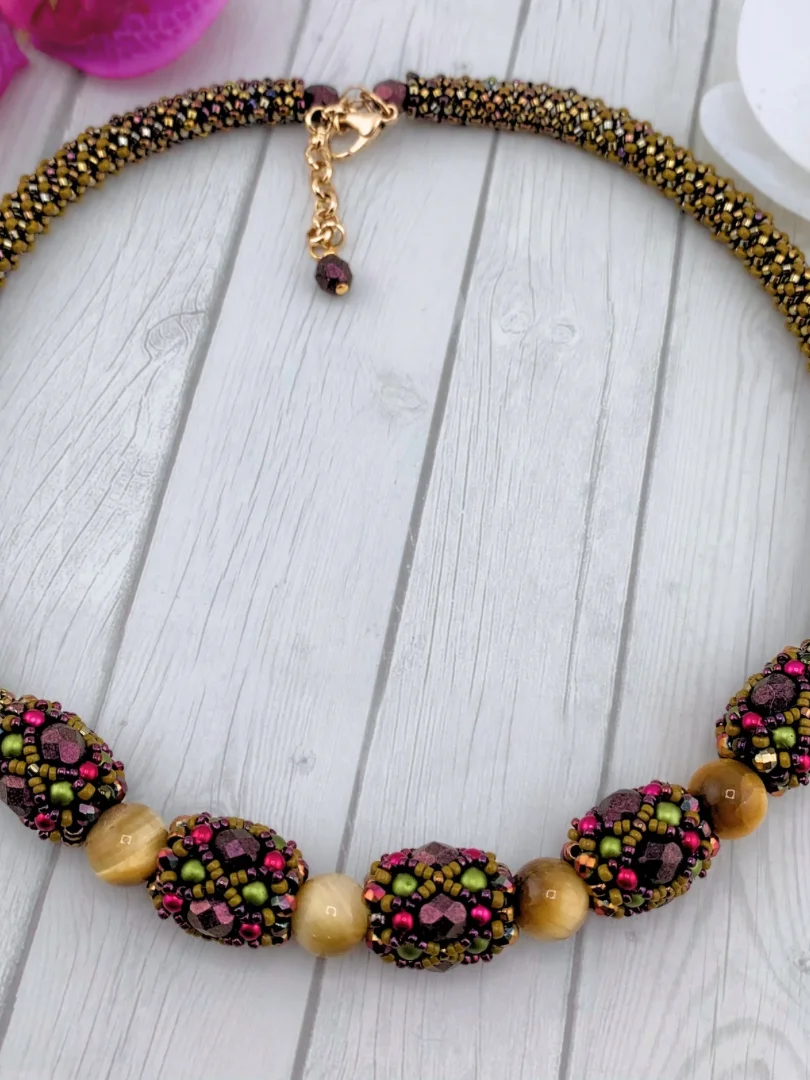 Tubular Chenille, Tigers Eye, and Beaded Bead Memory Wire Necklace product image (3)