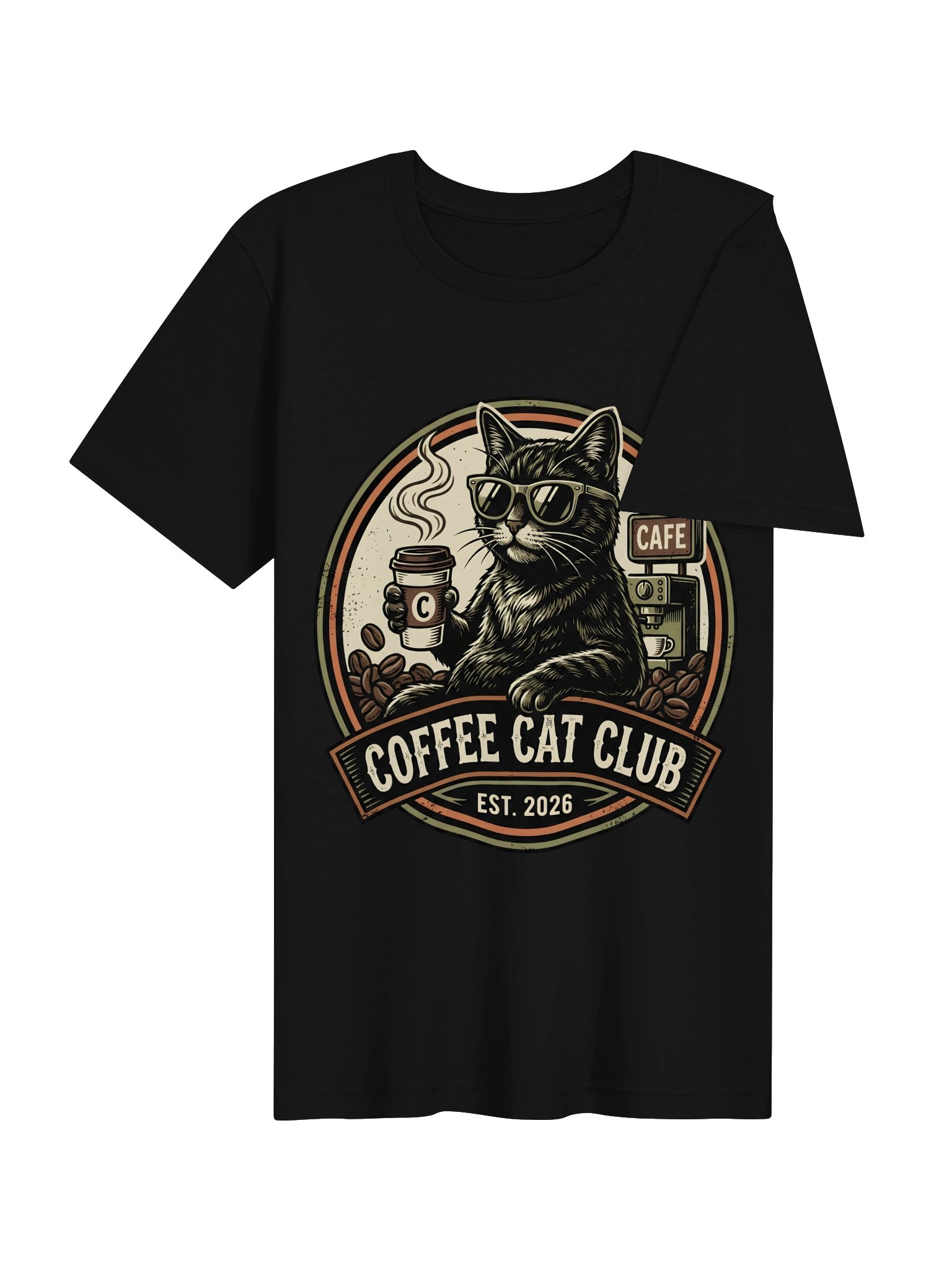 Coffee Cat Club T-Shirt - Cool Black Cat with Sunglasses Vintage Cafe Tee product image (26)