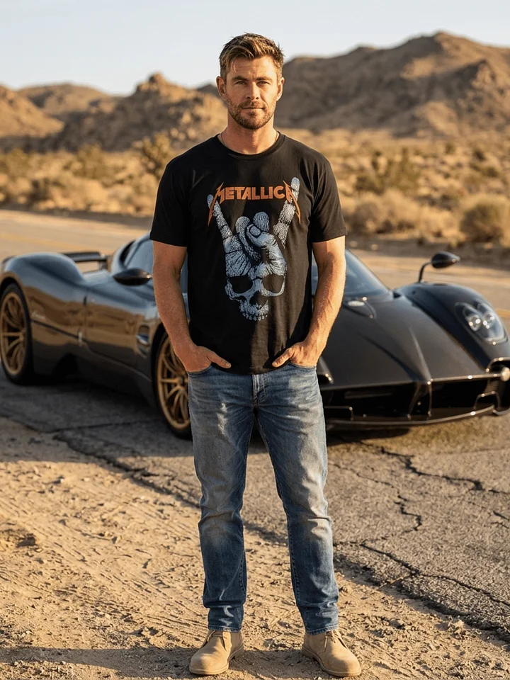 Metallica Devil Horns Skull T-Shirt | Blue Skull Dark Art Graphic Tee | Heavy Metal Hand Sign Orange Logo Collector Band Shirt product image (1)