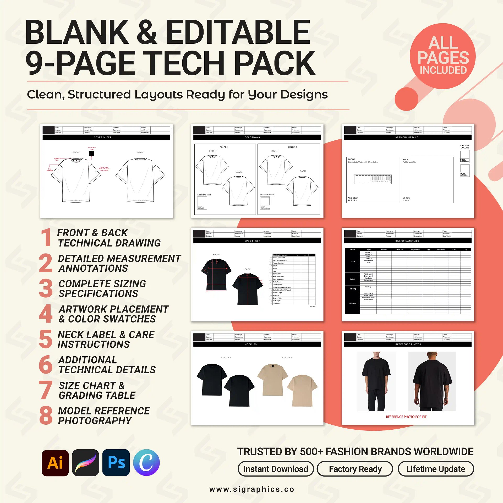 Streetwear Graphic Tee-Shirt Tech Pack Template product image (3)