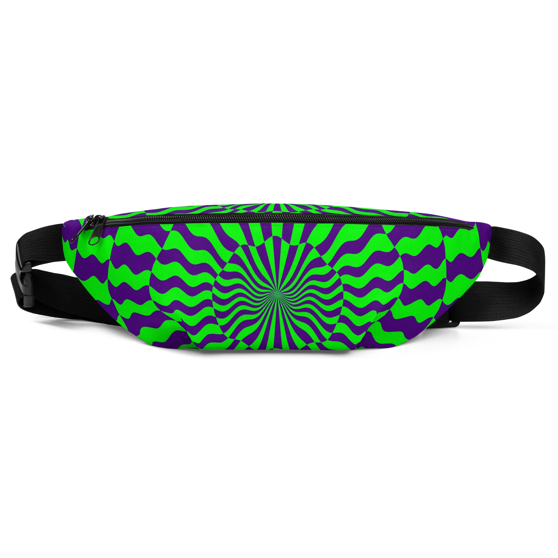 Psychedelic EDM Festival Fanny Pack, Trippy Techno Rave Fashion Accessory, Neon Green Purple Party Bag, Twisted Checkers Spiral Illusion Art product image (1)