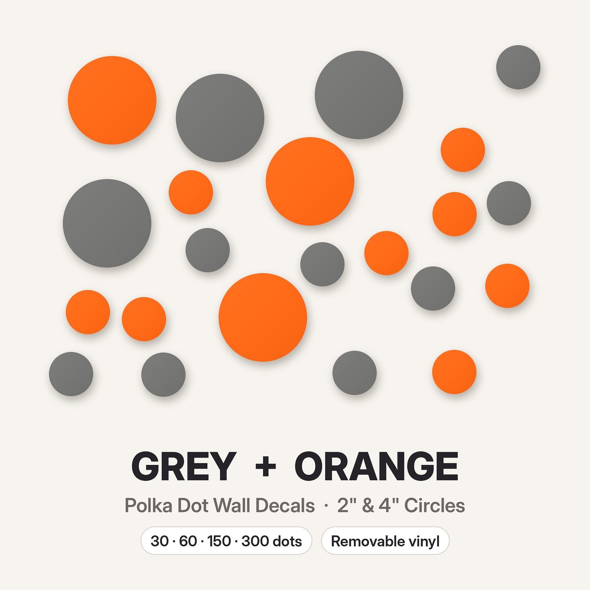 Grey and Orange Polka Dot Wall Decals, 2" and 4" Vinyl Circle Stickers, Removable Dot Decals for Nursery, Kids Room, Playroom product image (3)