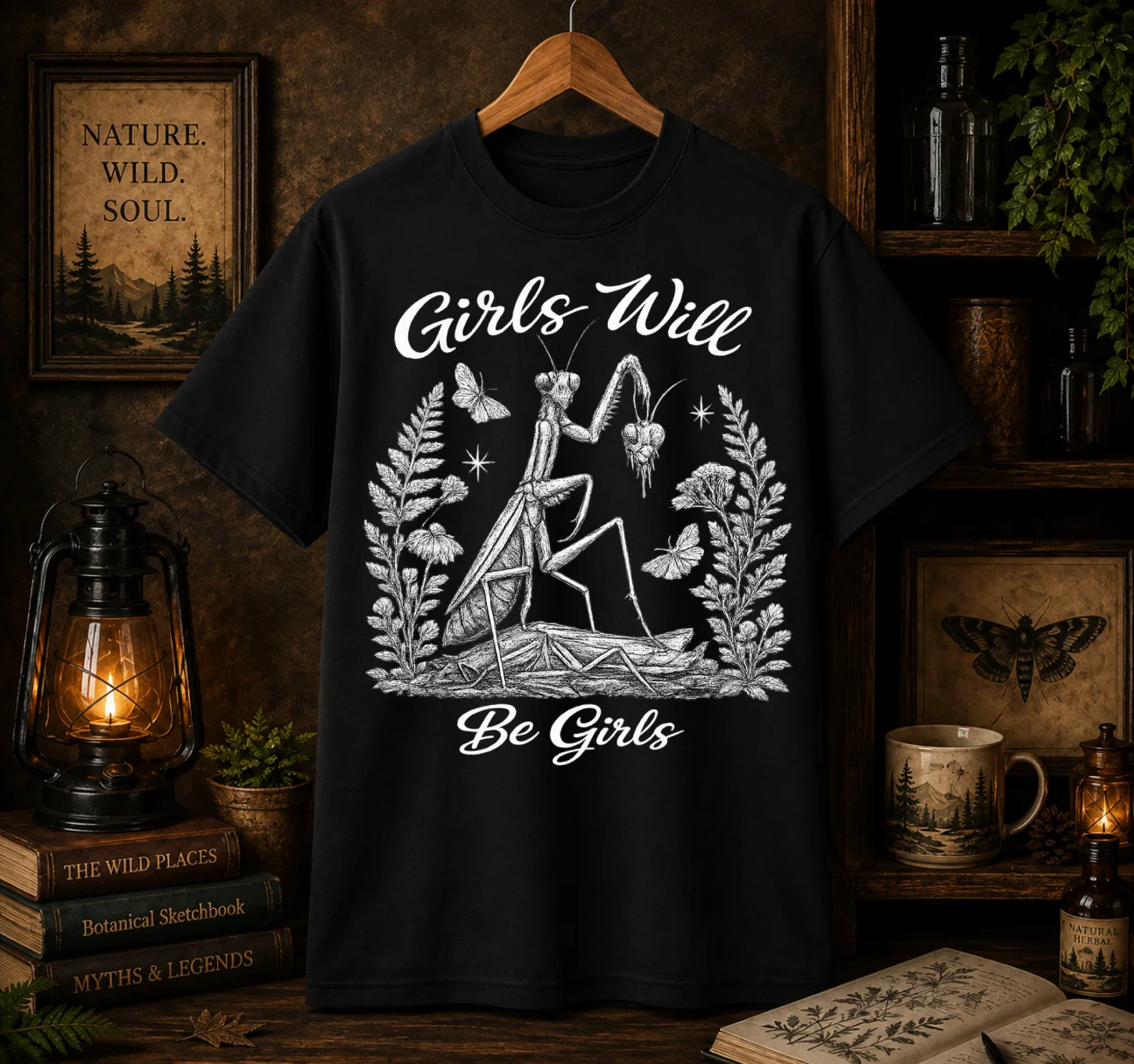 Girls Will Be Girls Mantis Graphic Tee | Dark Botanical Cottagecore Shirt product image (1)