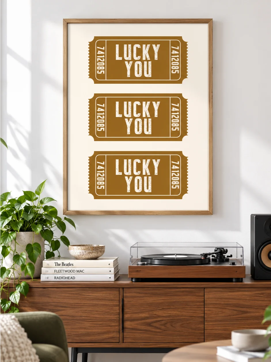 Lucky You Ticket Poster, Mustard Ochre Typography Wall Art, Retro Ticket Print, Cream Earth Tone Art, Printable Quote Art, Vintage Art Print product image (6)