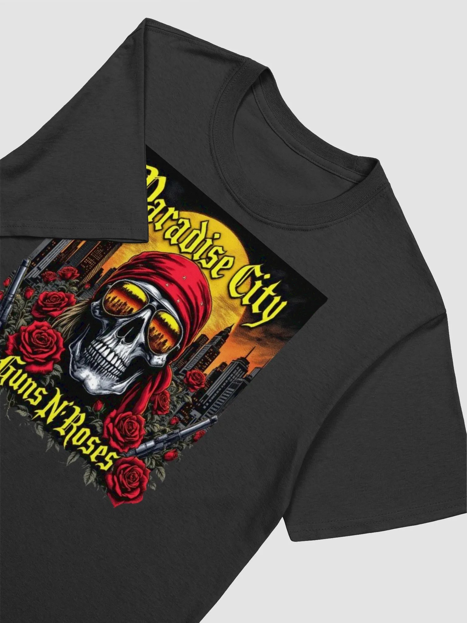 Guns N’ Roses Paradise City T-Shirt | Skull, Roses & City Skyline Rock Graphic Tee | 80s Hard Rock Streetwear product image (1)