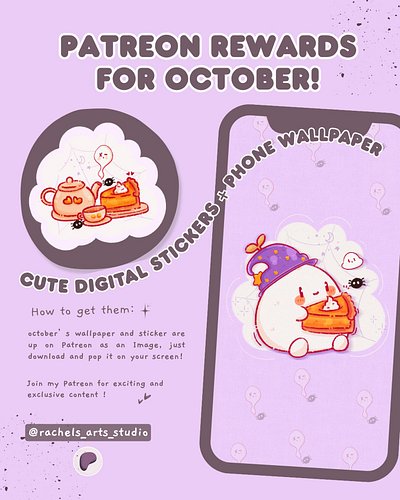 October’s Patreon rewards are here, and Muchi is ready for a little cozy magic! 👻🥧✨
This month, you’ll get:
💜 A dreamy purple...