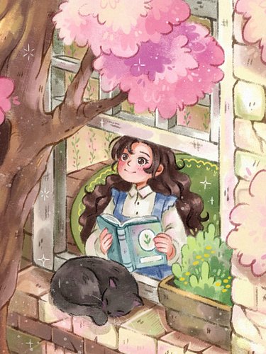 Add some soft pink colors to a spring morning!!
A little girl is reading by the window with her sleeping kitty. 🐱🌸🌞