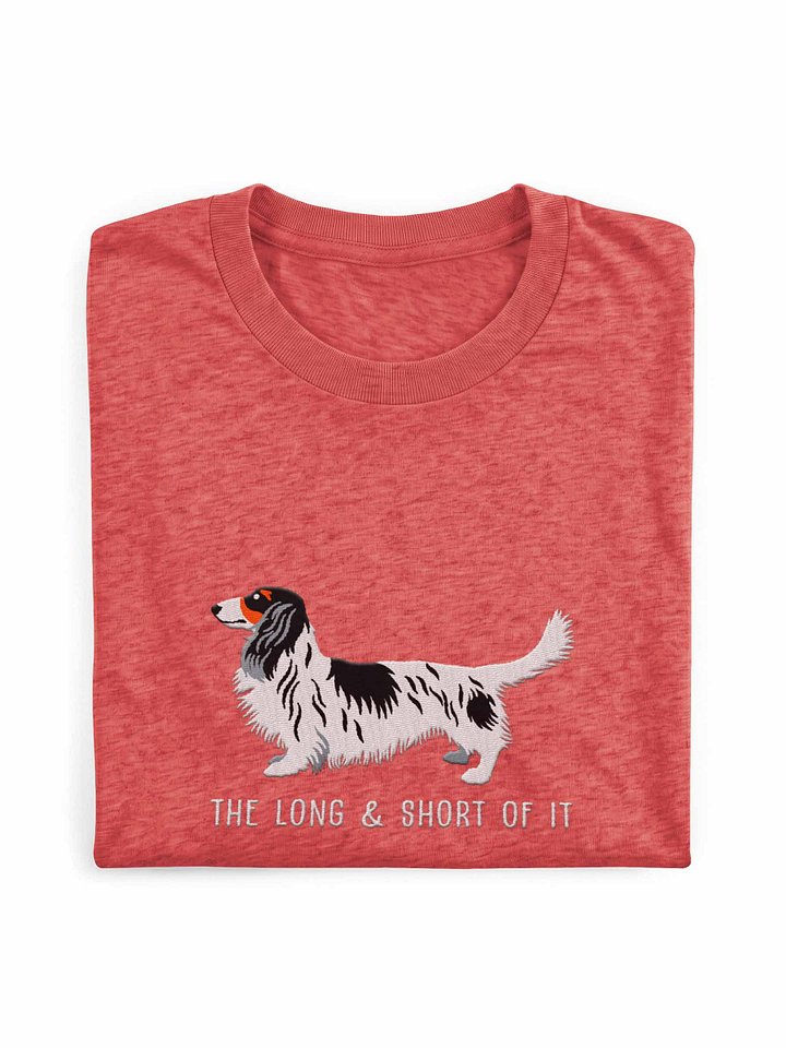 The Long & Short of It T-Shirt(Embroidered) of a Longhaired Dachshund(Pied Black & White) product image (1)