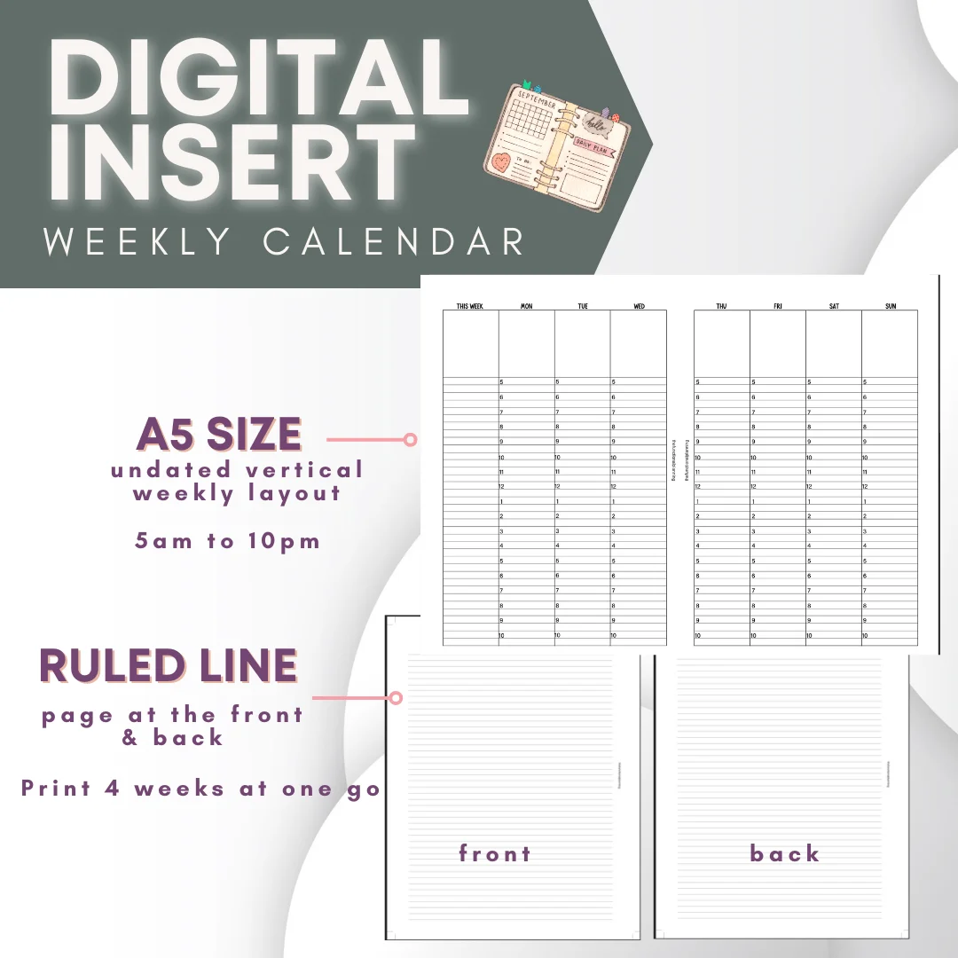 Undated Vertical Weekly Hourly Layout | A5 size product image (1)