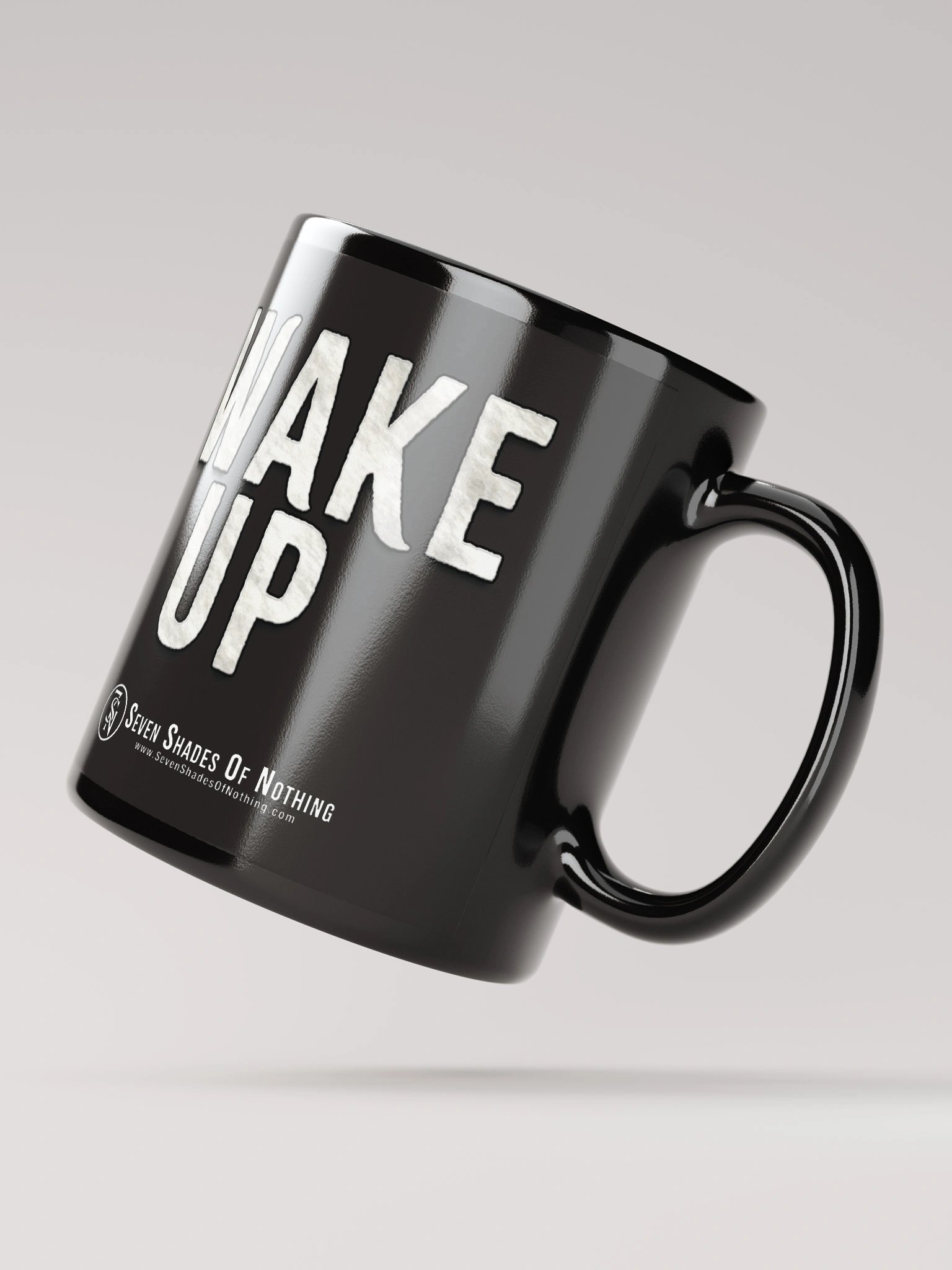 “Wake Up” black glossy mug – cinematic eye artwork from Seven Shades of Nothing product image (4)