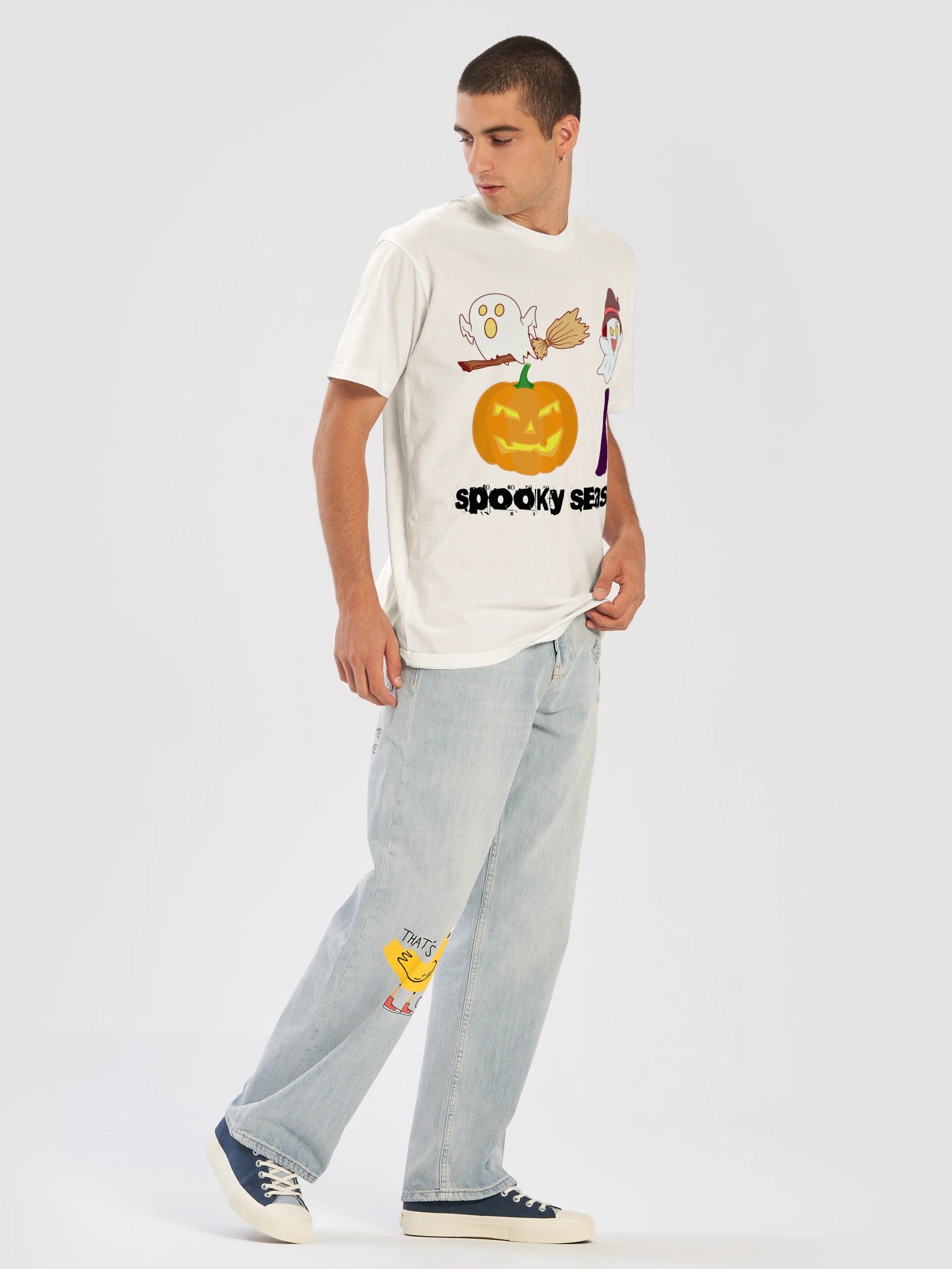 Spooky Season Halloween Unisex T-Shirt – Cute Ghosts & Jack-o’-Lantern Graphic product image (5)