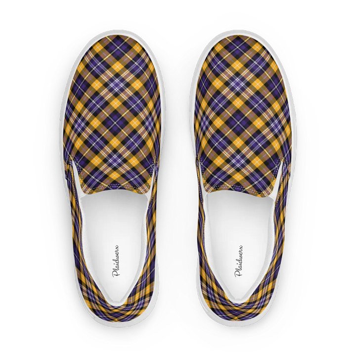 Purple and Yellow Gold Sporty Plaid Women's Slip On Shoes product image (1)