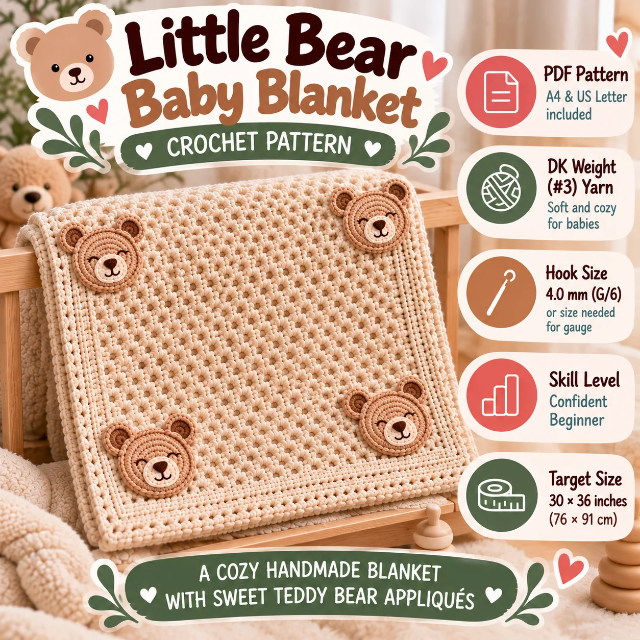 Little Bear Baby Blanket Crochet Pattern PDF – Teddy Bear Appliqué product image (1)