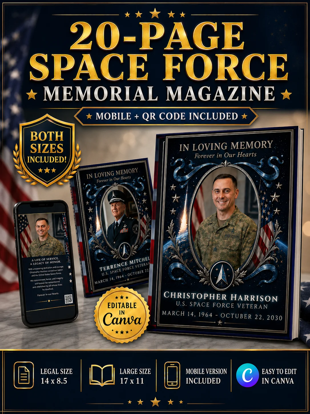 U.S. Space Force Funeral Obituary Program Template | 20-Page Editable Canva Memorial with Mobile Tribute product image (7)