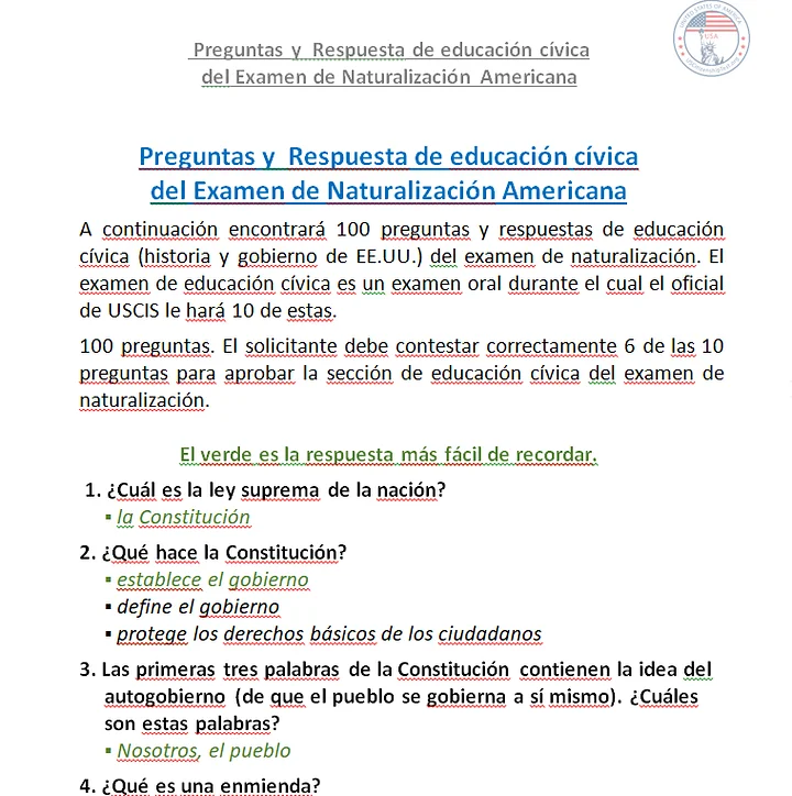 Preguntas y Respuesta de educación cívica del Examen de Naturalización Americana product image (2)