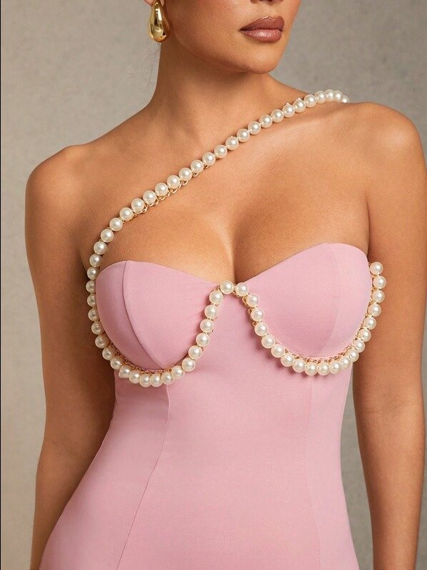 legant Beige Jersey Faux Pearl Embellished Bustier Mermaid Maxi Dress, Women Dresses, Prom Dress, Part Women Dresses, Wedding Dress, Elegant Women Dresses product image (5)