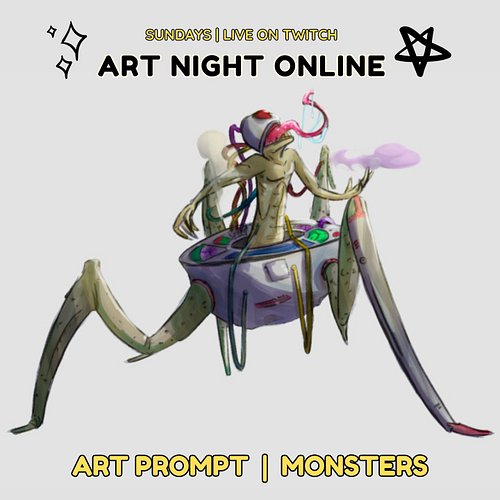 It's Sunday so we play #tunes and make #art! Join us on #Twitch NOW! Today your prompt is #Monsters! Art by the amazing alf_c...
