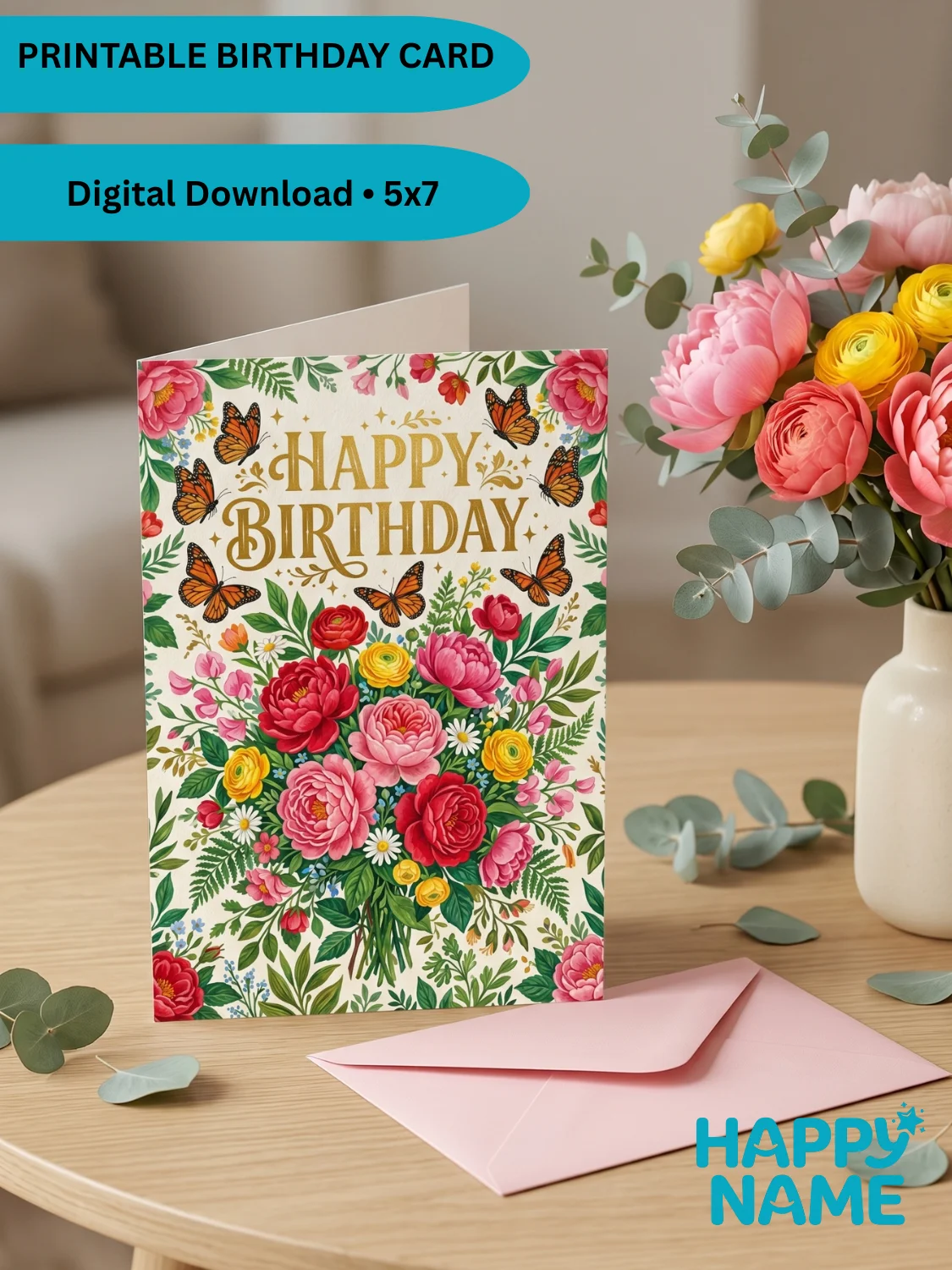 Elegant Floral Birthday Card Printable • Luxury Peony & Butterfly Birthday Card • 5x7 Digital Folded Greeting Card for Her product image (1)